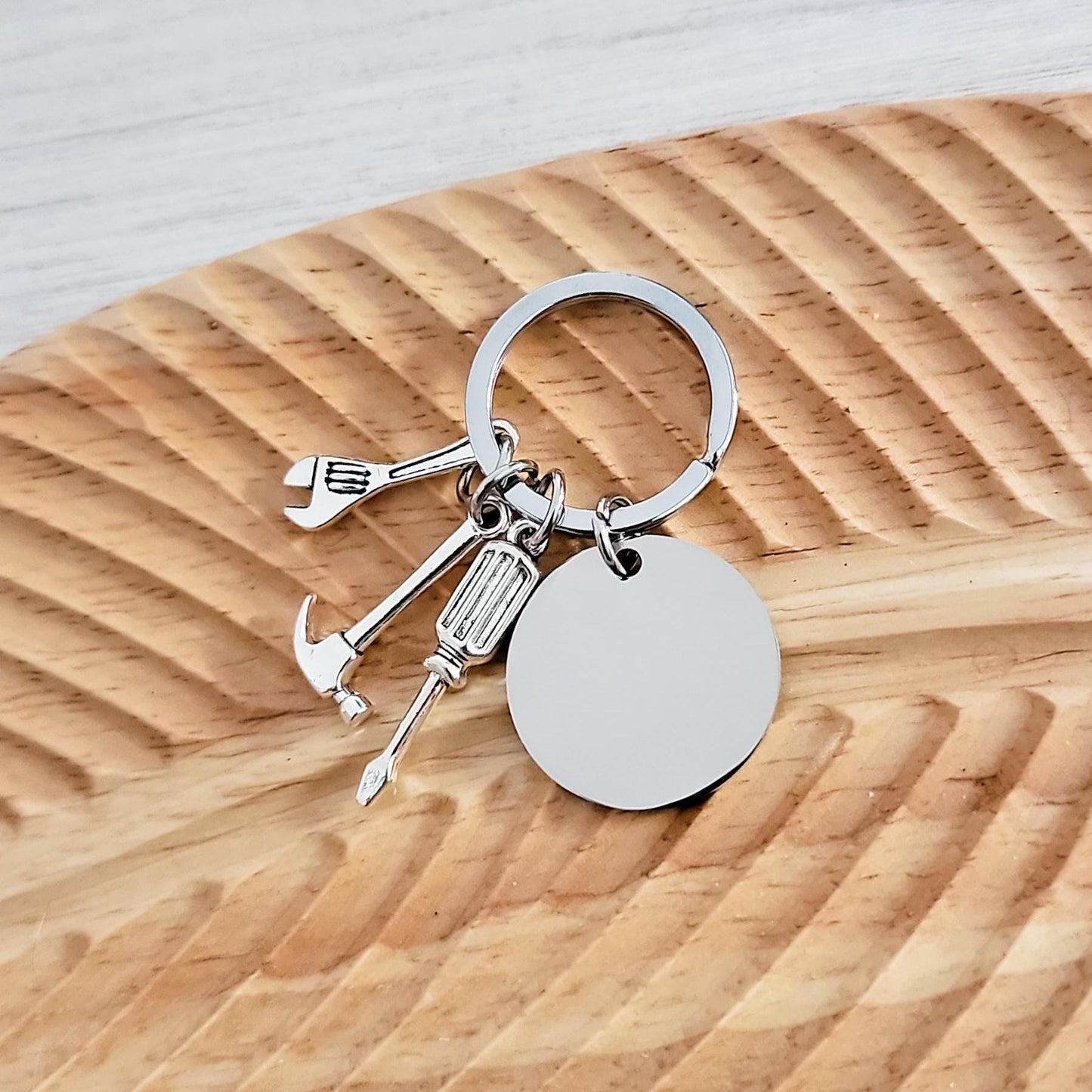 Disc with Tool Trio Charm Keychain (Silver), 1 Piece Total, Metal Blank #94