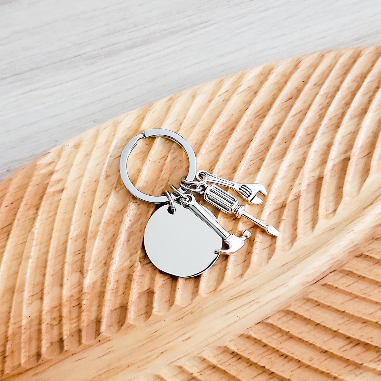 Disc with Tool Trio Charm Keychain (Silver), 1 Piece Total, Metal Blank #94