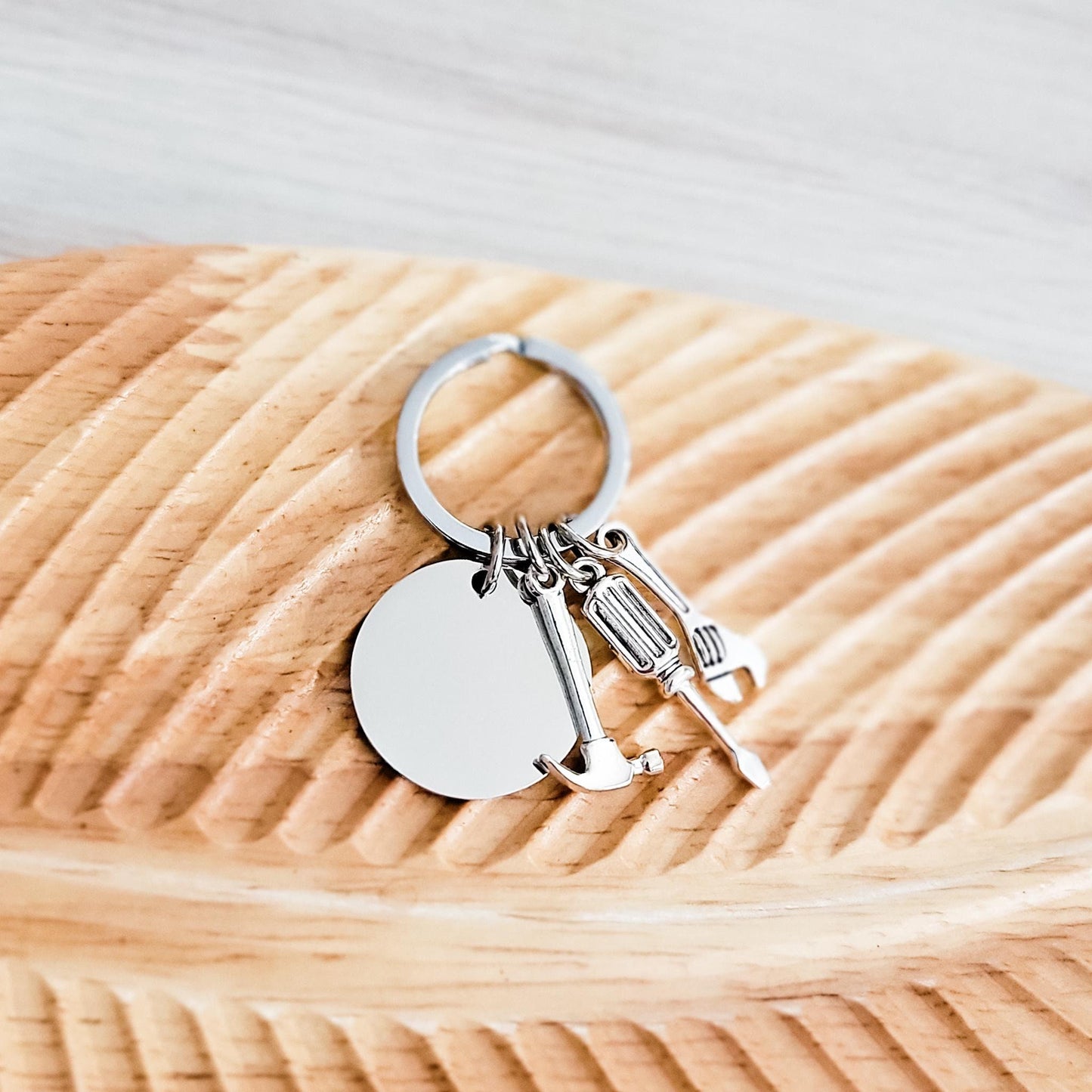 Disc with Tool Trio Charm Keychain (Silver), 1 Piece Total, Metal Blank #94