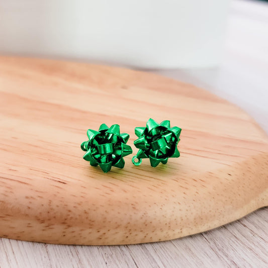 Holiday Green Gift Box Stainless Steel Bow Stud Connector, 1 Pair, Bow #29