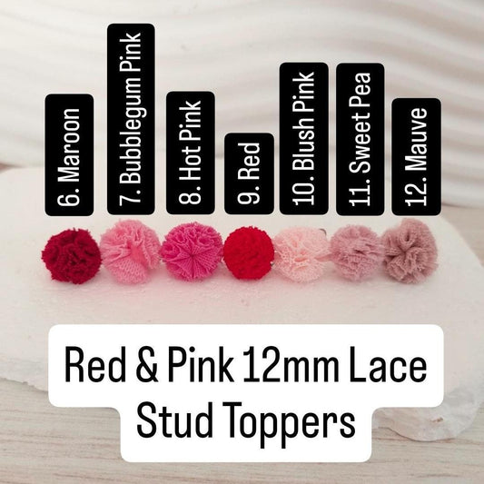 Red & Pink 12mm Lace Stud Topper (Choice of Color), 3 Pairs, Lace Topper #6-12