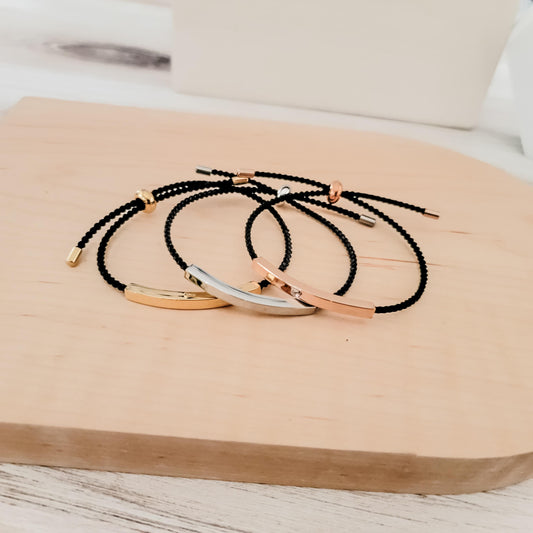 Sliding Bar Cord Bracelet (Silver, Gold, Rose Gold + Black Cord), 1 Total, Metal Blank #121
