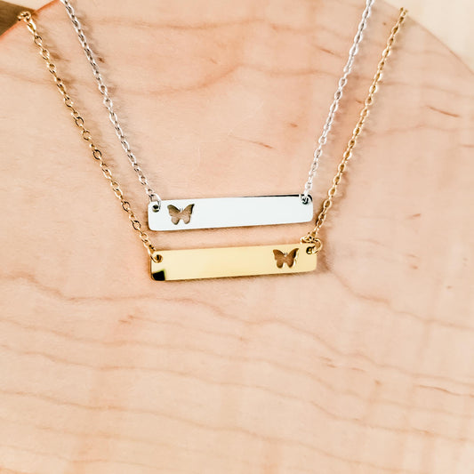Butterfly Cutout Horizontal Bar Necklace (Silver or Gold), 1 Total, Metal Blank #122