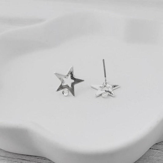 Silver Open Star Stud Earring Findings, 10 Pieces