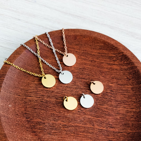 10mm Disc Necklace (Silver, Gold, or Rose Gold) and Optional Extra Discs, Metal Blank #133