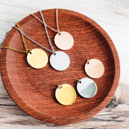 20mm Disc Necklace (Silver, Gold, or Rose Gold) and Optional Extra Discs, Metal Blank #134