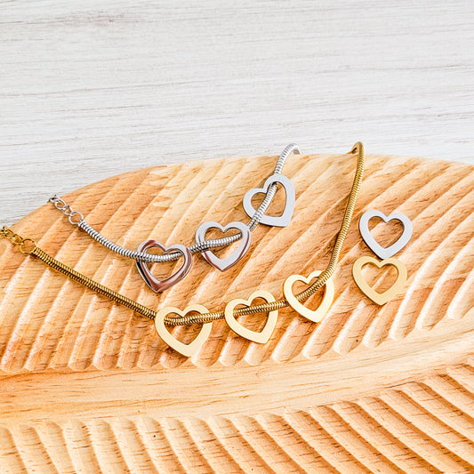 Open Heart Trio Snake Chain Bracelet (Choose Silver or Gold) and Optional Extra Hearts, Metal Blank #141