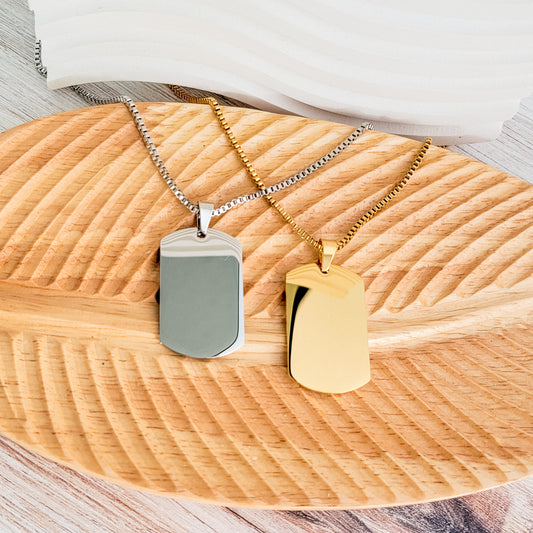 Dog Tag Box Chain Necklace (Silver or Gold), 1 Total, Metal Blank #139