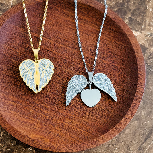 Sparkling Wings Hidden Heart Necklace (Silver or Gold) with Pave Cubic Zirconia CZ, 1 Total, Metal Blank #145