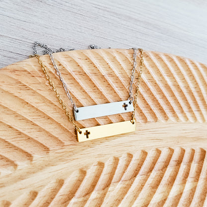 Cross Cutout Horizontal Bar Necklace (Silver or Gold), 1 Total, Metal Blank #180