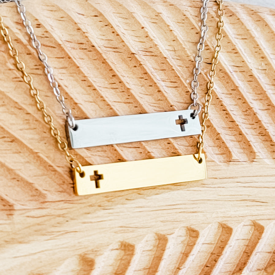 Cross Cutout Horizontal Bar Necklace (Silver or Gold), 1 Total, Metal Blank #180