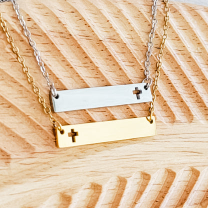 Cross Cutout Horizontal Bar Necklace (Silver or Gold), 1 Total, Metal Blank #180