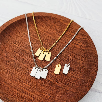 Mini Tag Trio Necklace (Silver or Gold) and Optional Extra Tags, Metal Blank #184