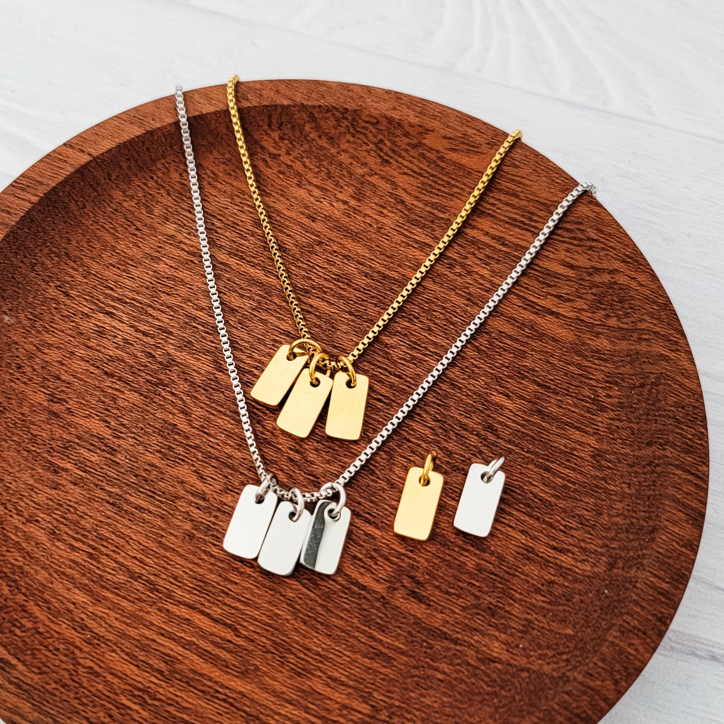 Mini Tag Trio Necklace (Silver or Gold) and Optional Extra Tags, Metal Blank #184