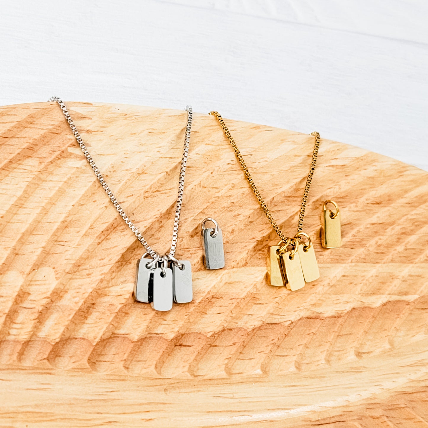 Mini Tag Trio Necklace (Silver or Gold) and Optional Extra Tags, Metal Blank #184