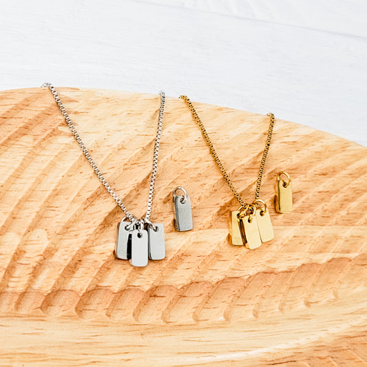 Mini Tag Trio Necklace (Silver or Gold) and Optional Extra Tags, Metal Blank #184