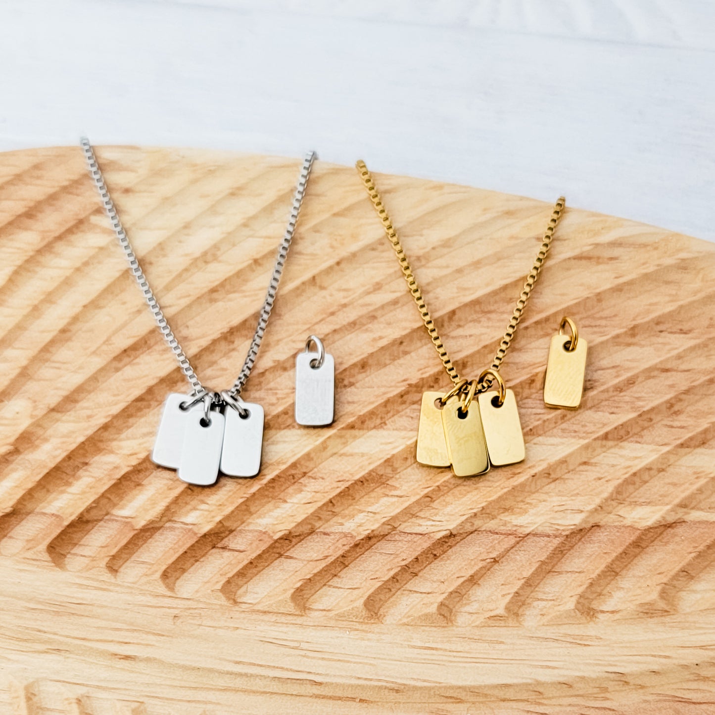 Mini Tag Trio Necklace (Silver or Gold) and Optional Extra Tags, Metal Blank #184