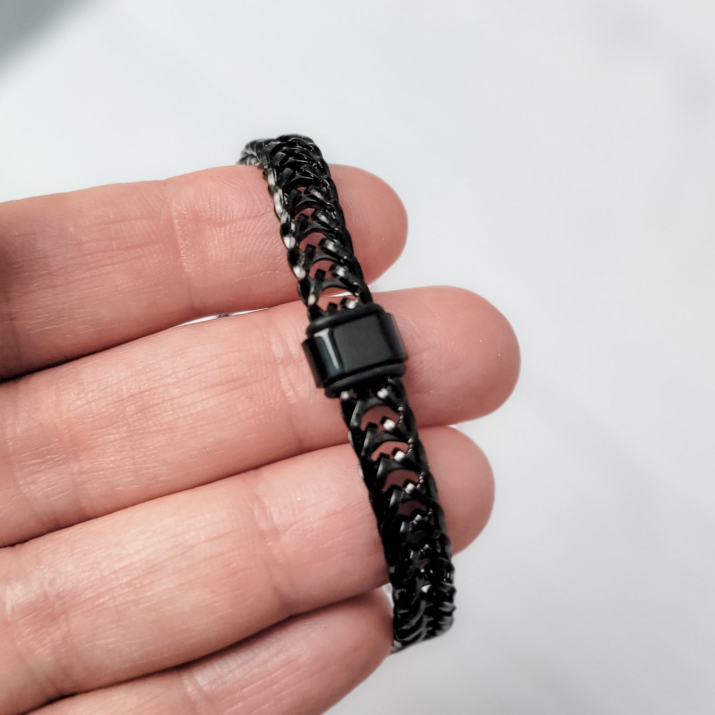 Black Braided Chain With Rectangle Charm Men's Bracelet, 1 Total, Metal Blank #186