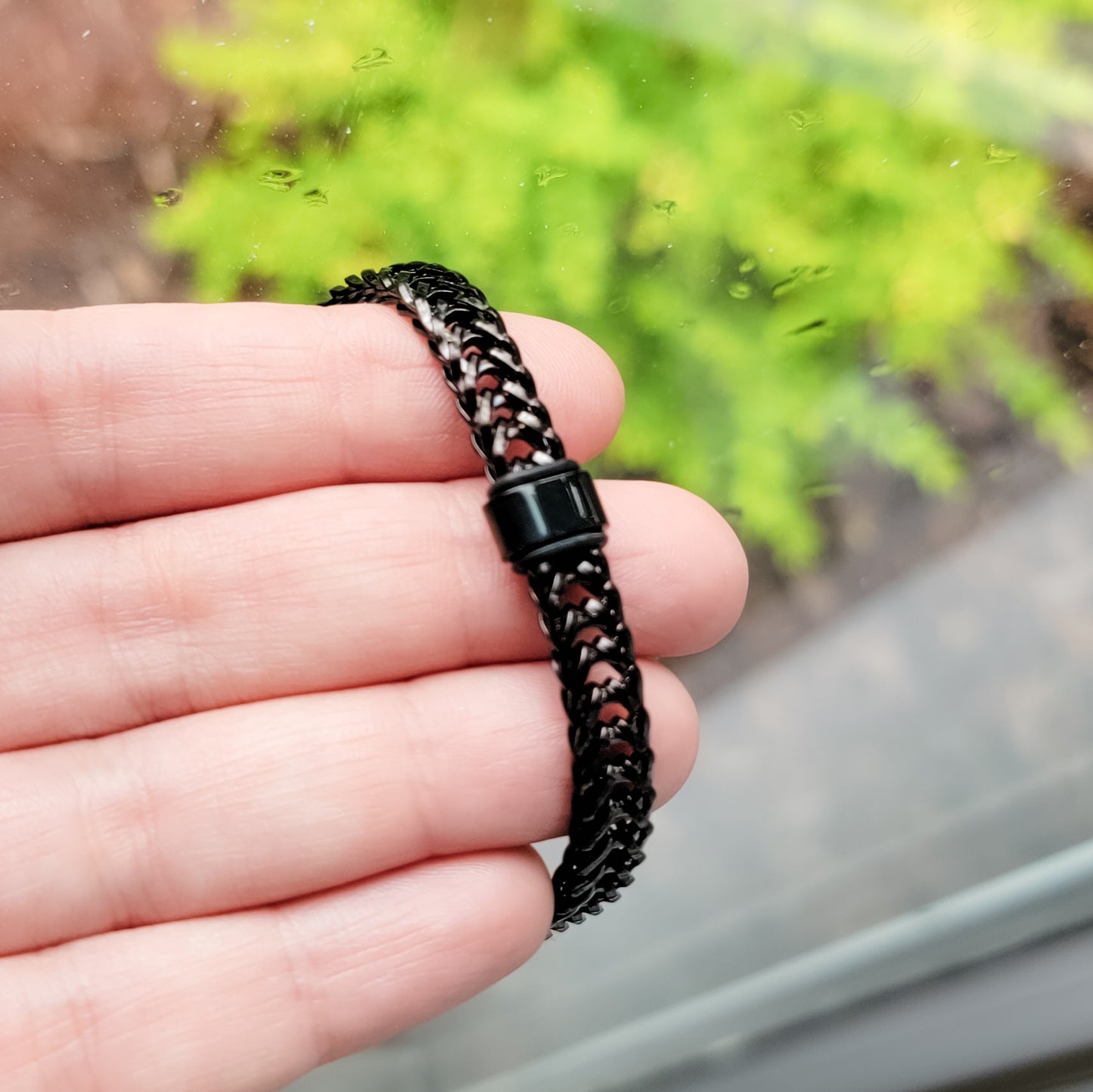 Black Braided Chain With Rectangle Charm Men's Bracelet, 1 Total, Metal Blank #186
