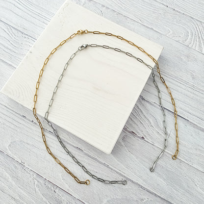 New Premium Split Necklace Paperclip Chain Finding (Silver or Gold Stainless Steel), Pack of 5, Chain #18