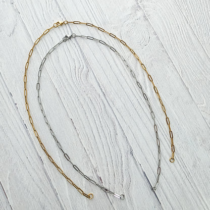 New Premium Split Necklace Paperclip Chain Finding (Silver or Gold Stainless Steel), Pack of 5, Chain #18