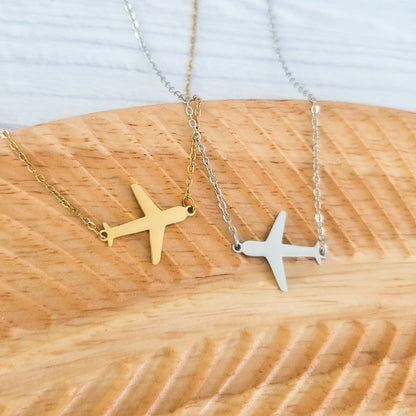 Airplane Pendant Necklace (Silver or Gold), 1 Total, Metal Blank #196