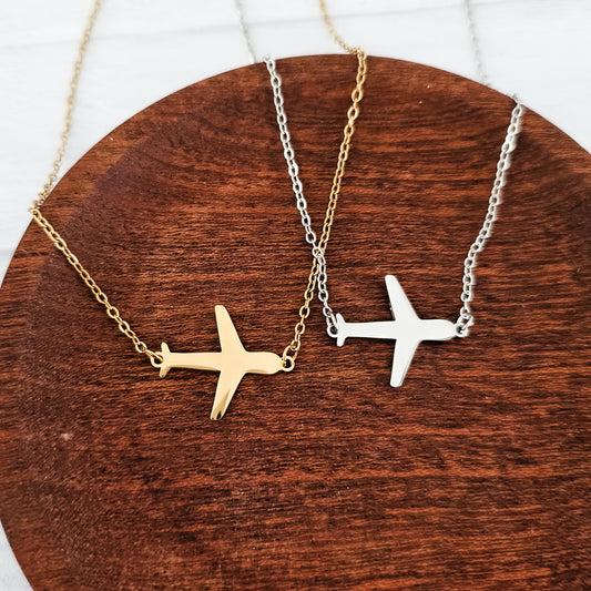 Airplane Pendant Necklace (Silver or Gold), 1 Total, Metal Blank #196
