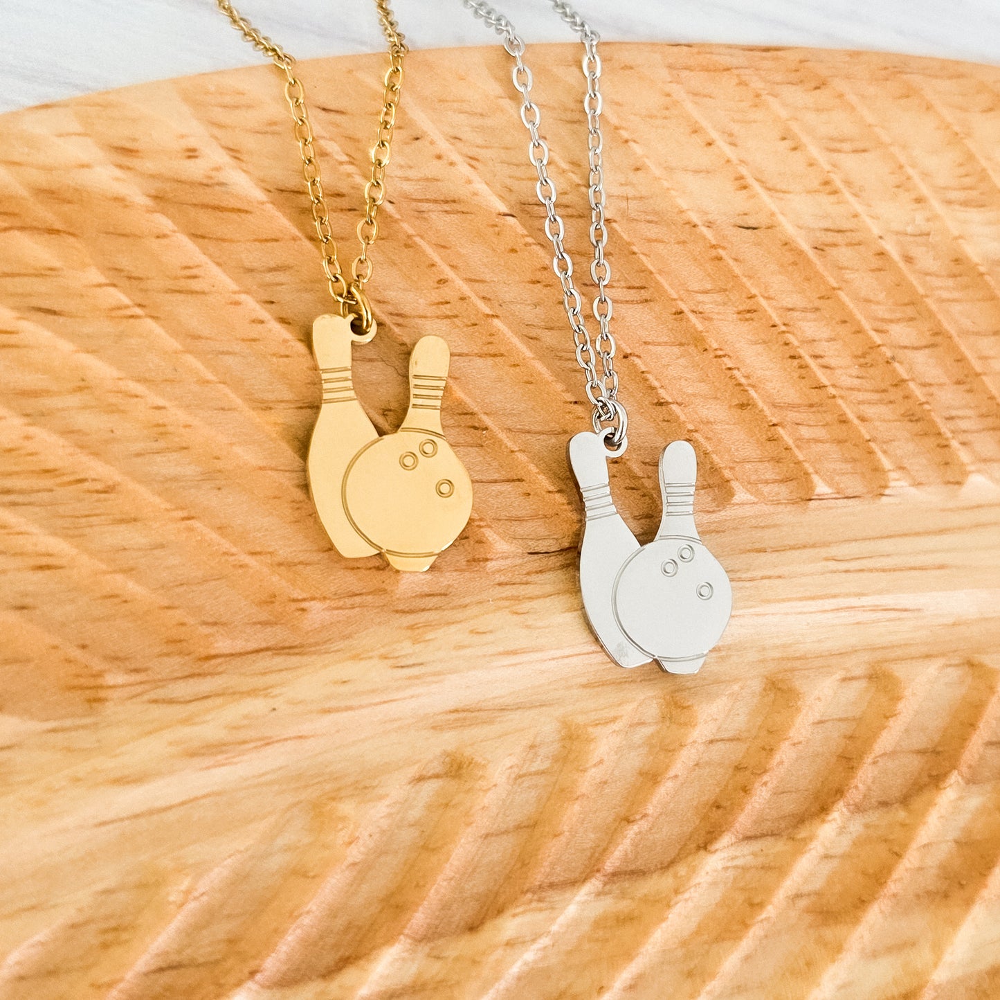 Bowling Pendant Necklace (Silver or Gold), 1 Total, Metal Blank #194