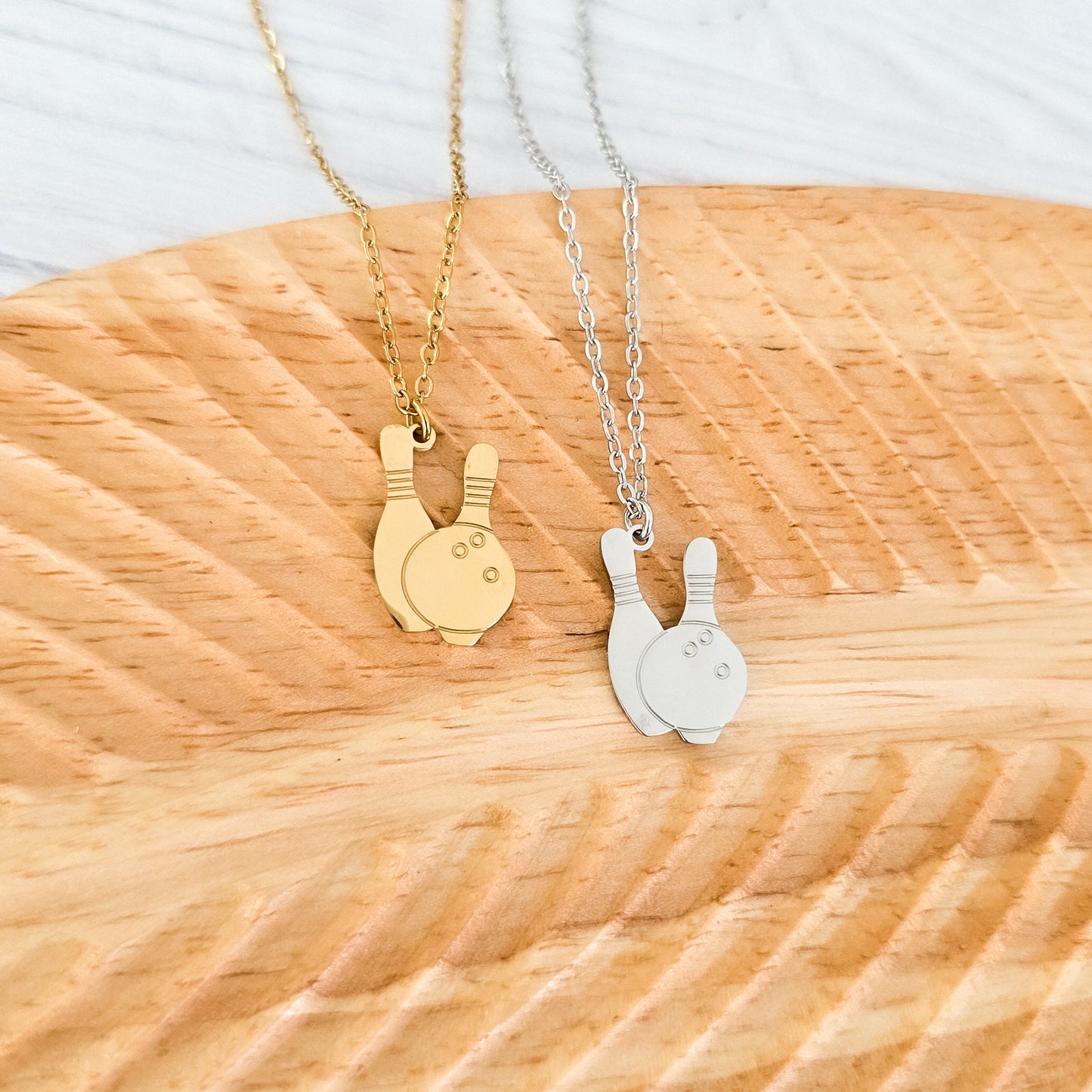 Bowling Pendant Necklace (Silver or Gold), 1 Total, Metal Blank #194