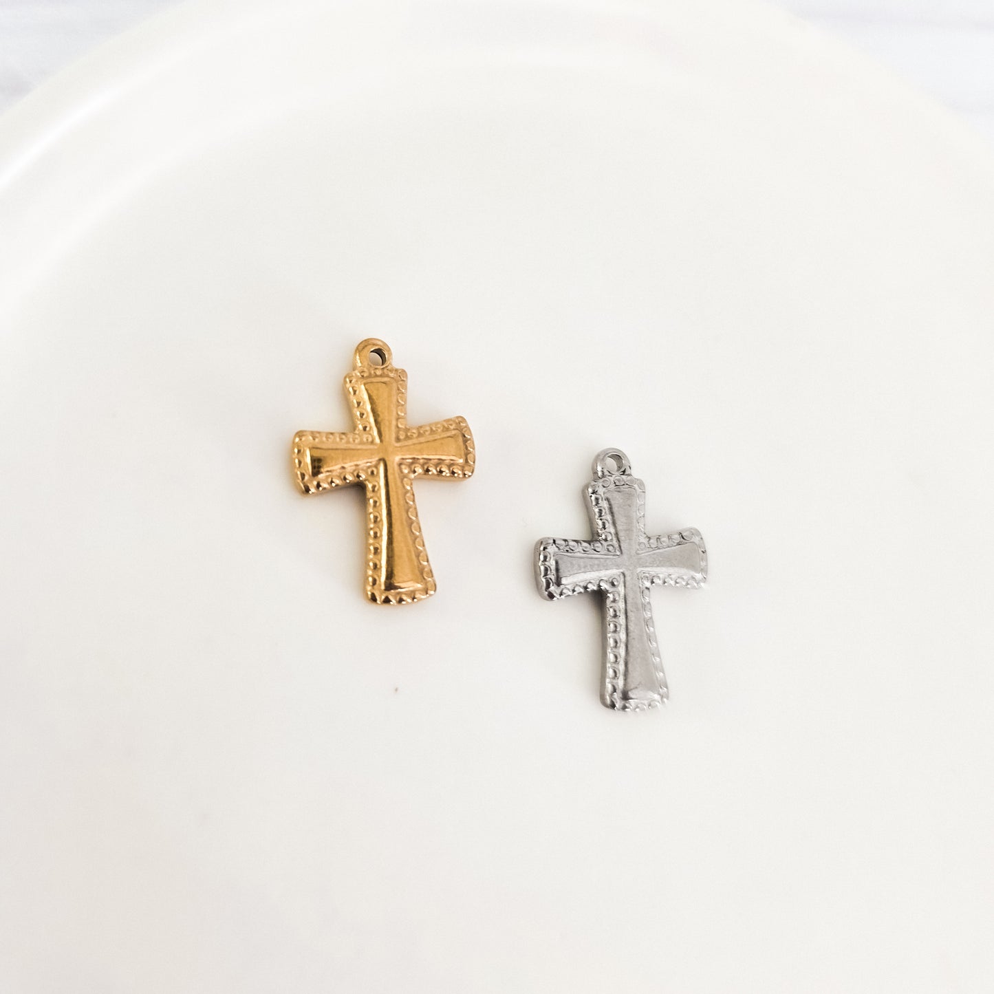 Small Cross Stainless Steel Charm (Silver or Gold), 10 Pieces, Charm #4