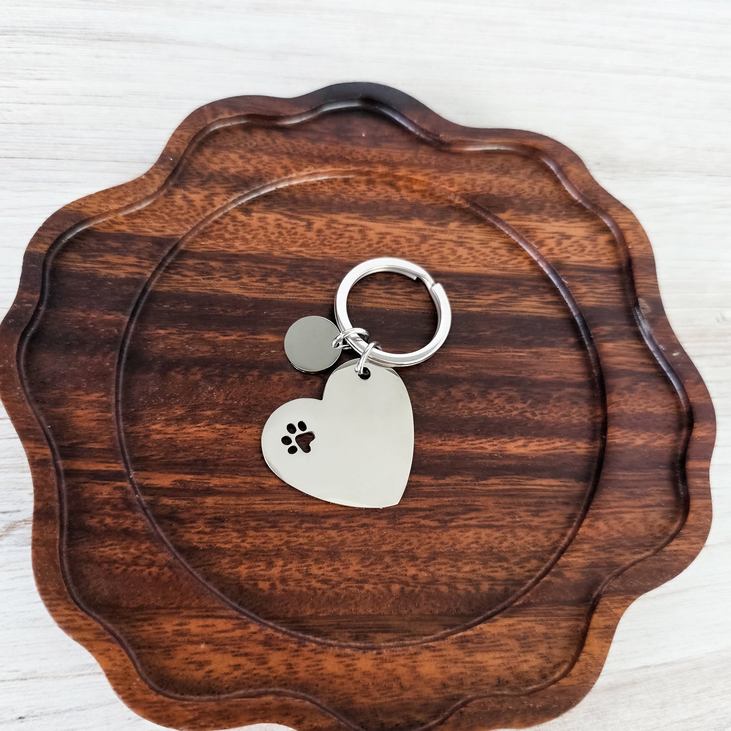 Heart Keychain with Paw Print and Circle Charm (Silver), 1 Piece Total, Metal Blank #218