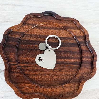 Heart Keychain with Paw Print and Circle Charm (Silver), 1 Piece Total, Metal Blank #218