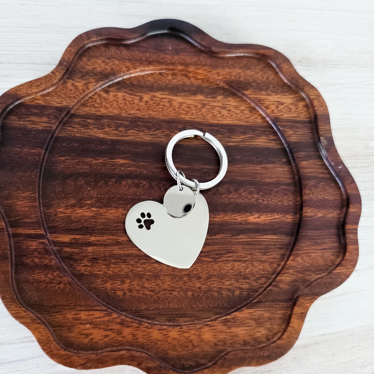 Heart Keychain with Paw Print and Circle Charm (Silver), 1 Piece Total, Metal Blank #218