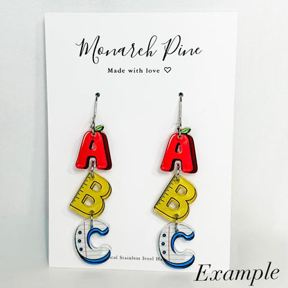 ABC Trio Earring Blank (1 Pair), Acrylic Print & Cut, Laser Blank #80