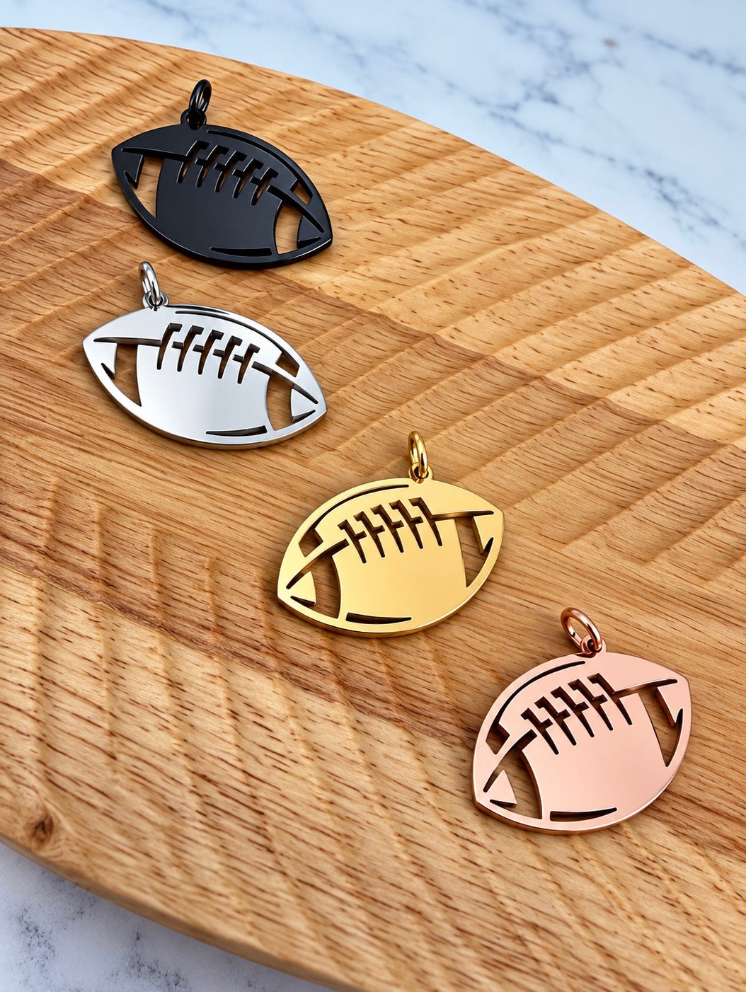 Football Charms with Attached Jump Rings (Silver, Gold, Rose Gold, & Black), 5 Total, Metal Blank #289