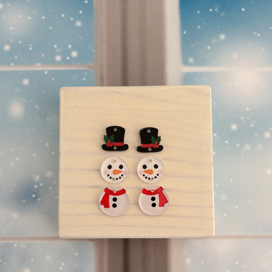 Snowman Trio Earring Blank (1 Pair), Acrylic Print & Cut, Laser Blank #117