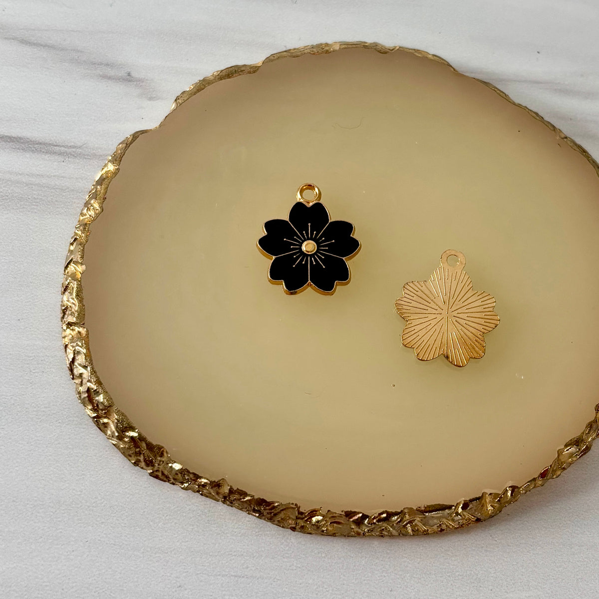 Black Hibiscus Flower Gold-Plated Enamel Charms, 10 Pieces, Warehouse #51