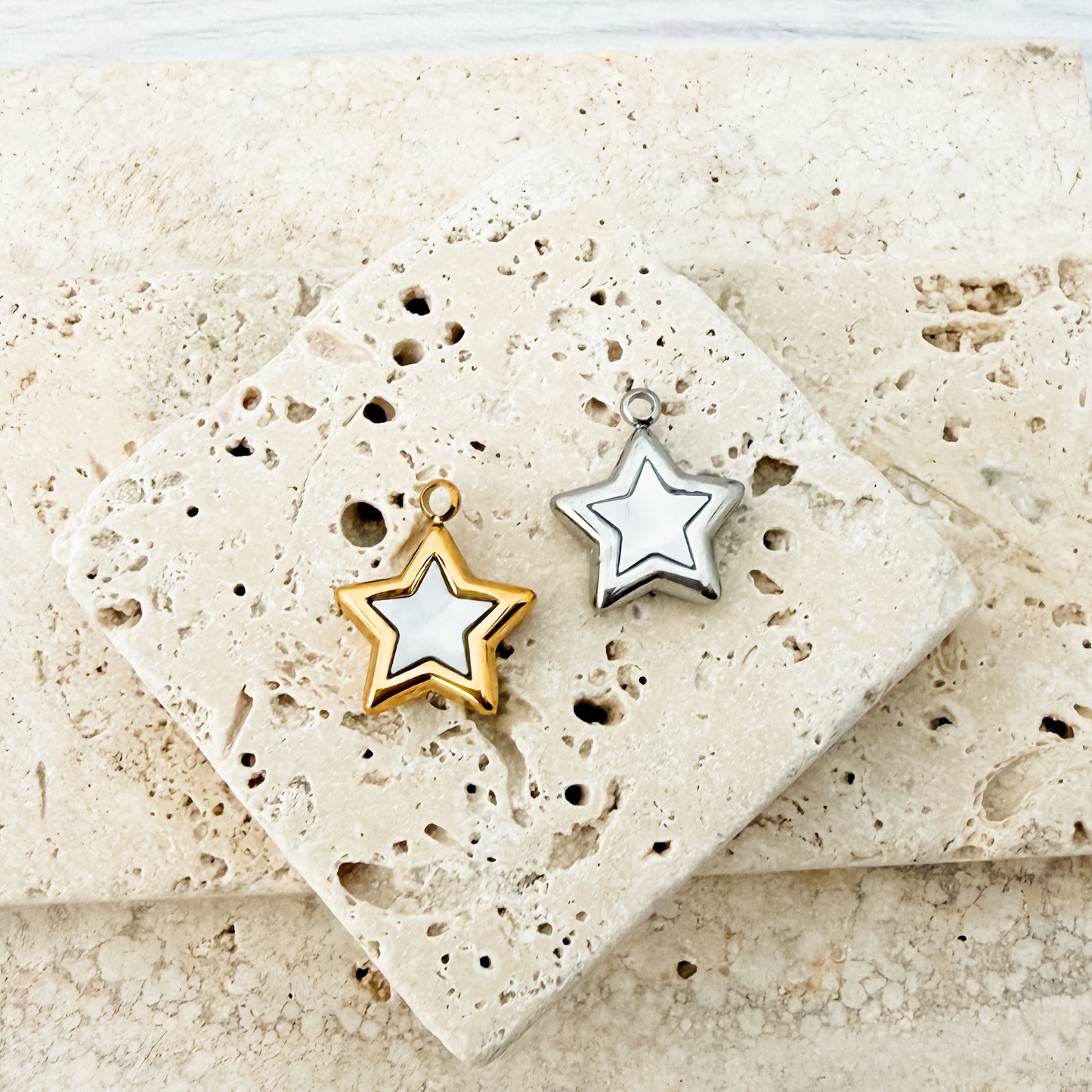 Pearlescent White Star Stainless Steel Charm (Silver or Gold), 10 Pieces, Charm #125