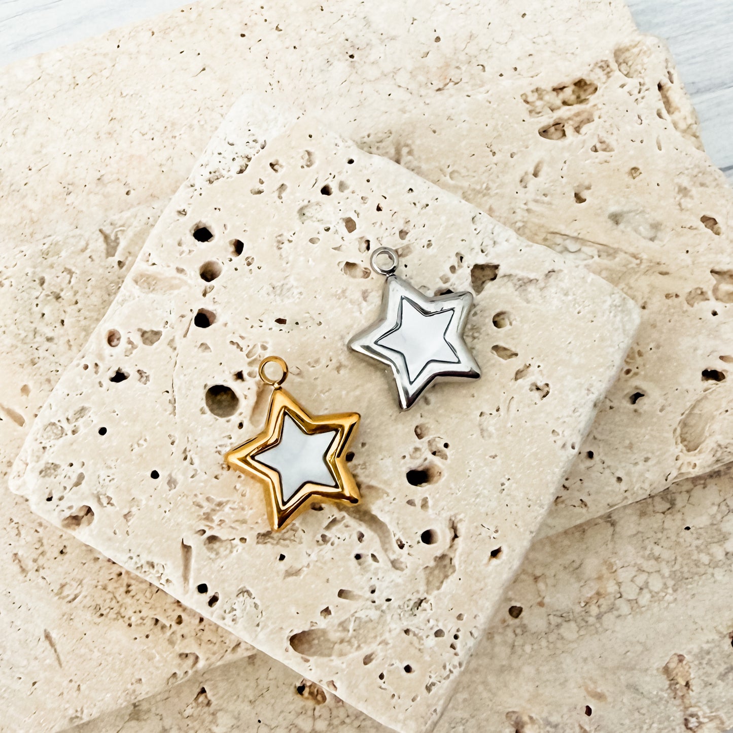 Pearlescent White Star Stainless Steel Charm (Silver or Gold), 10 Pieces, Charm #125
