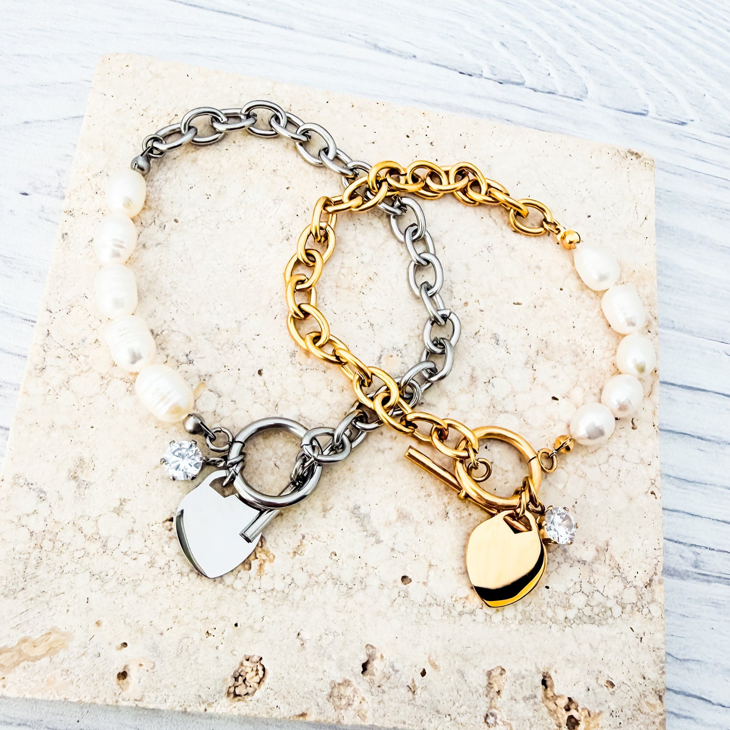 Heart Toggle Freshwater Pearl & Oval Link Bracelet With Cubic Zirconia Charm (Silver or Gold), 1 Total, Metal Blank #282