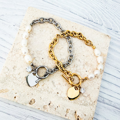 Heart Toggle Freshwater Pearl & Oval Link Bracelet With Cubic Zirconia Charm (Silver or Gold), 1 Total, Metal Blank #282
