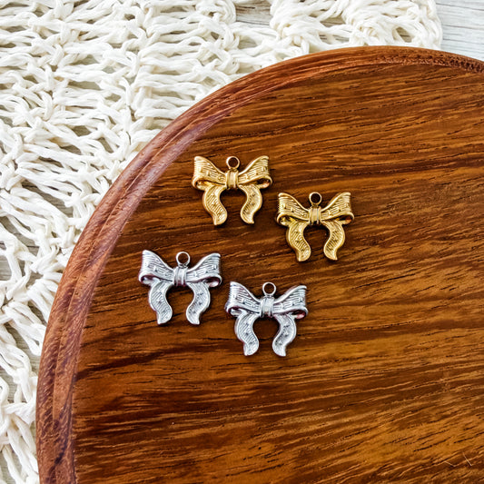 Small Ornate Bow Stainless Steel Charm (Silver or Gold), 10 Pieces, Bow #79