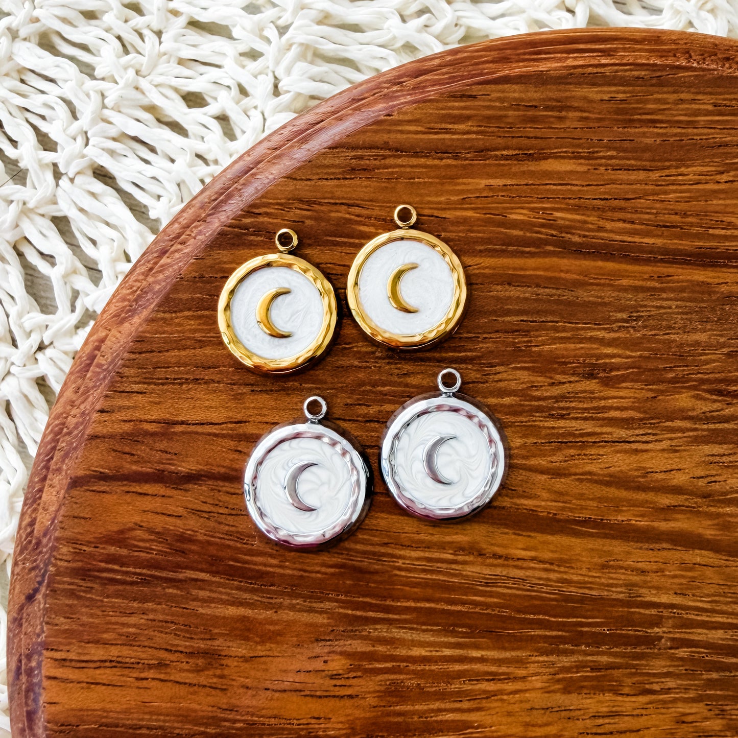 Crescent Moon & Pearlescent White Circle Stainless Steel Charm (Silver or Gold), 10 Pieces, Charm #8