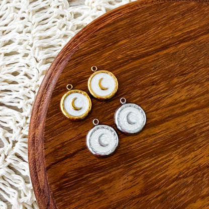 Crescent Moon & Pearlescent White Circle Stainless Steel Charm (Silver or Gold), 10 Pieces, Charm #8
