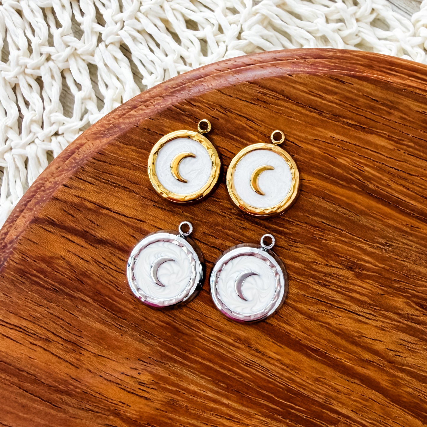 Crescent Moon & Pearlescent White Circle Stainless Steel Charm (Silver or Gold), 10 Pieces, Charm #8