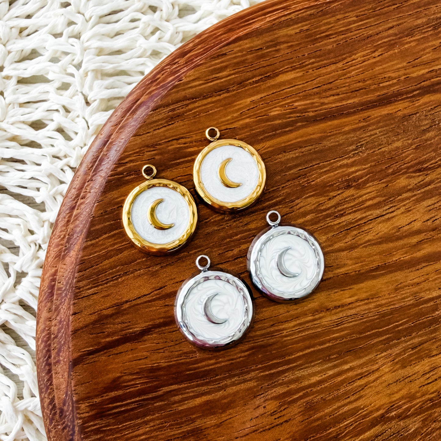 Crescent Moon & Pearlescent White Circle Stainless Steel Charm (Silver or Gold), 10 Pieces, Charm #8