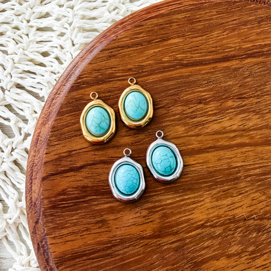 Turquoise Oval Stainless Steel Charm (Silver or Gold), 10 Pieces, Charm #6