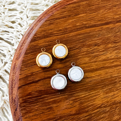 Pearlescent White Circle Stainless Steel Charm (Silver or Gold), 10 Pieces, Charm #7