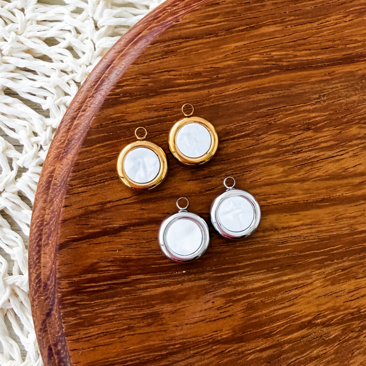 Pearlescent White Circle Stainless Steel Charm (Silver or Gold), 10 Pieces, Charm #7