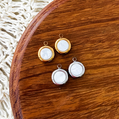 Pearlescent White Circle Stainless Steel Charm (Silver or Gold), 10 Pieces, Charm #7